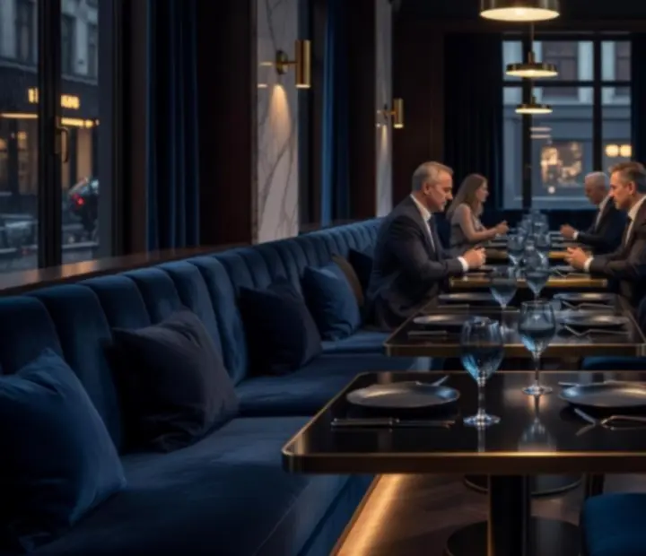Dimly lit evening bistro with polished tables, candlelight, and guests enjoying dinner at Ash & Ace Club.