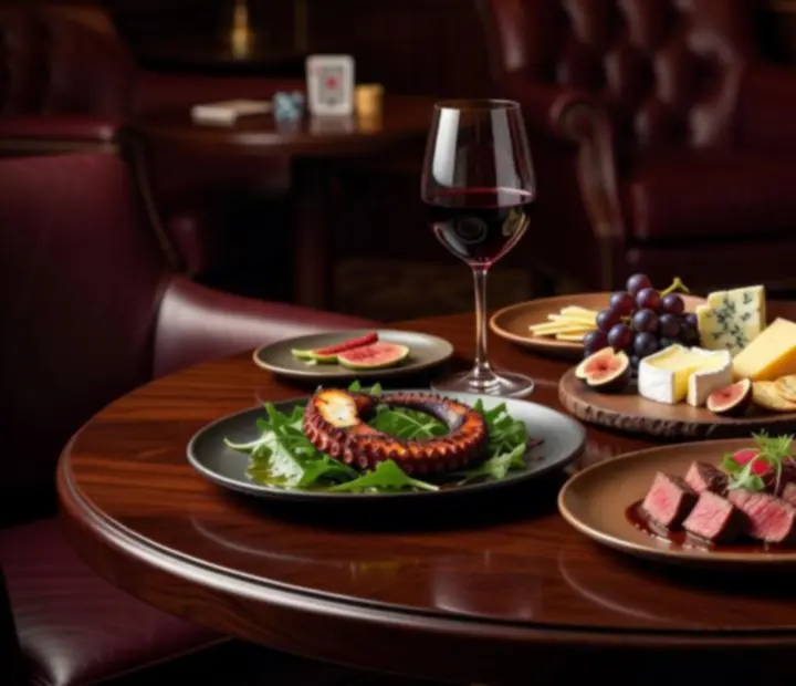 Plates of modern Australian lounge dishes and wine glasses on a dimly lit card table