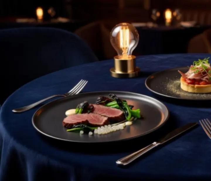 Signature Ash & Ace Club dishes plated on a dark black slate against a midnight-lit table.